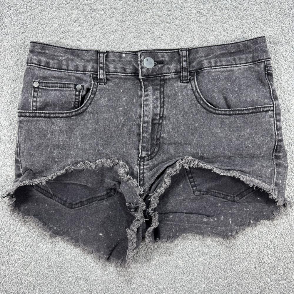 Harlow Shorts Womens 27 Black Denim Mid Rise Raw Hem Paint Specks Distressed